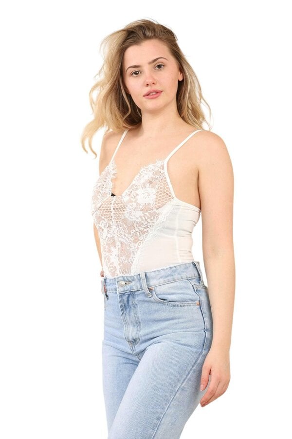 Elaina Fashion Lace Front Bodysuit – Elegant Sheer V-Neck Sleeveless Top
