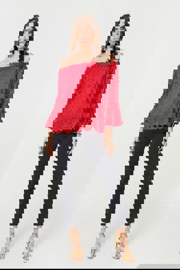 Red | Textured Semi Sheer Bardot Blouse
