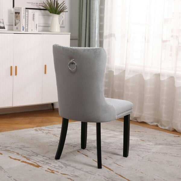 Neo Set Of Two Grey Studded Velvet Dining Table Chairs with Ring Knocker