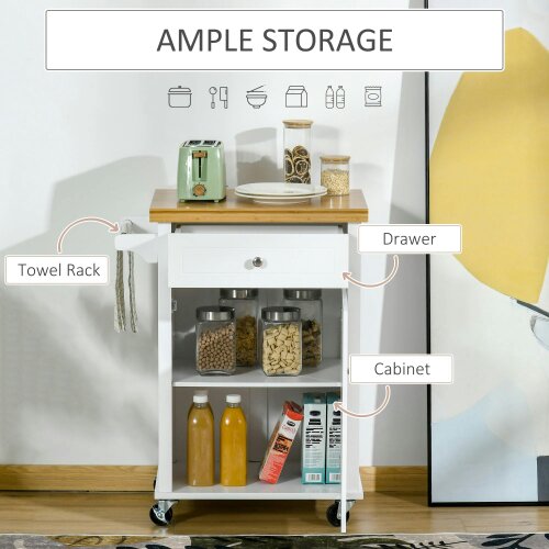 Wyld Haus Sofi Wooden White Kitchen Trolley With Drawer Cupboard And Towel Rail