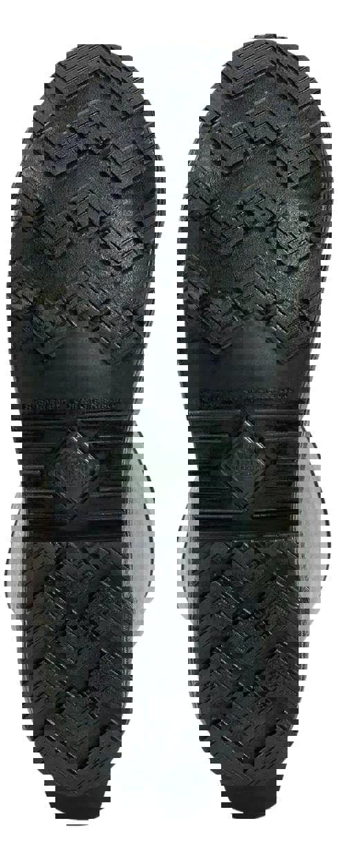 Muck Boots MUCK Boots Mudder S5 Mens Steel Toe Stable Farm Tall Wellington, close-up view of the slip-resistant durable rubber sole with deep treads for enhanced grip and stability.