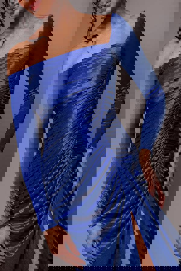 Slinky Satin One Shoulder Split Maxi Dress - Royal Blue DR4388