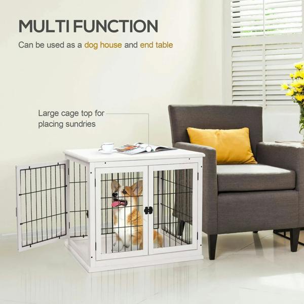 White dog crate end table with front and side doors open and pet inside