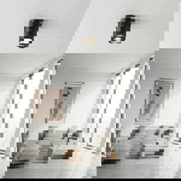 black adjustable ceiling lamp installed in the living room of a home