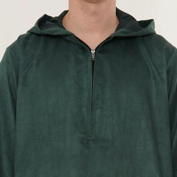 HM12 - Men's Hooded Suede Emirati Omani Zipped Thobe - Green - Thobez - 3