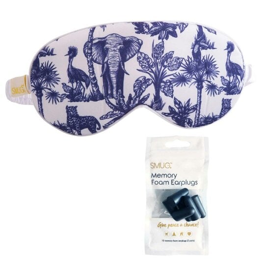 SMUG Satin Sleep Mask - Elephant Print - Sleep Mask & Black Earplugs