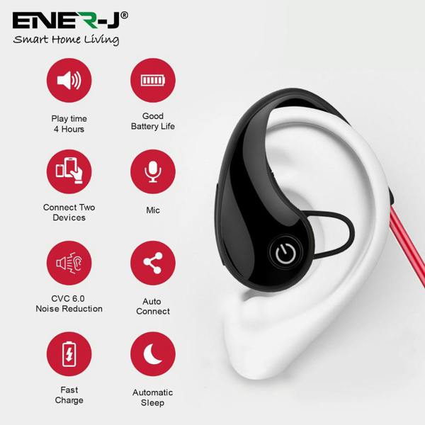 ENER-J Wireless Bluetooth Sports Earbuds, CVC 6.0 Noise Reduction, Built-In Mic, 4 Hour Playtime, IPX4 Waterproof, Power Display