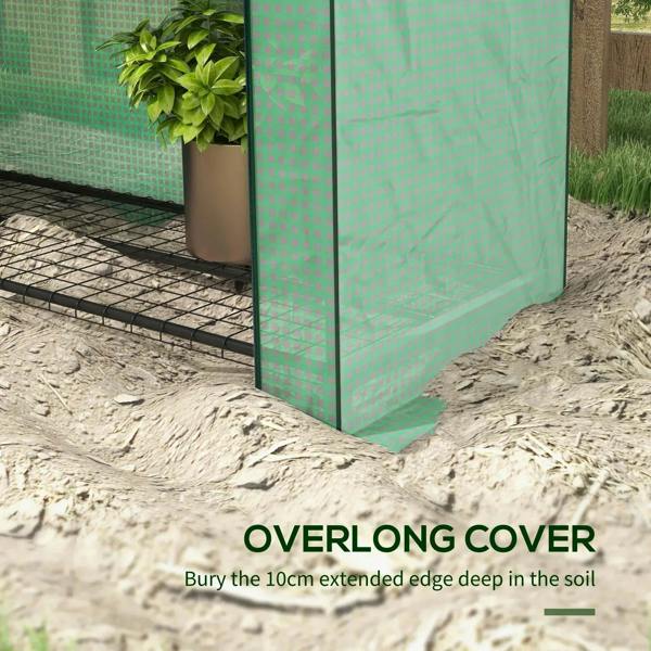 Green mini greenhouse with extended bottom cover edge for anchoring in soil
