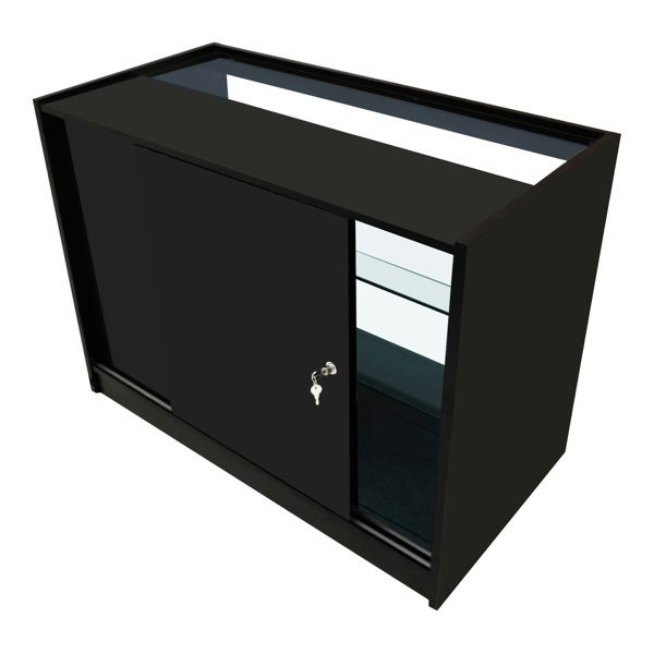 Hera LED Shop Counter Set in sleek black, featuring a sliding door, glass shelves, and a modern design for retail displays