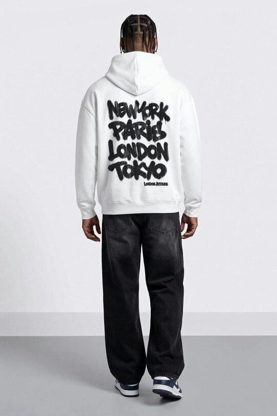 London Attitude Oversized City Graffiti Graphic Hoodie - White