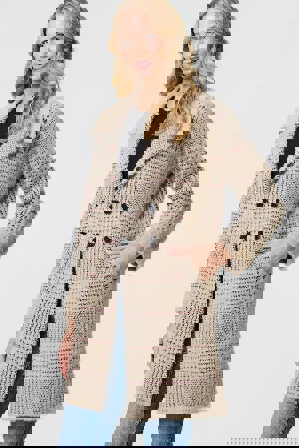 Beige | Checked Button Front Thigh Length Trench Coat
