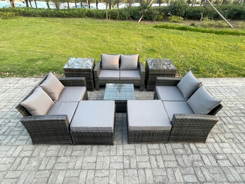 Fimous Outdoor Lounge Sofa Set - Dark Grey Mixed PE Wicker Rattan Garden Furniture with Square Coffee Table & 2 Big Footstools
