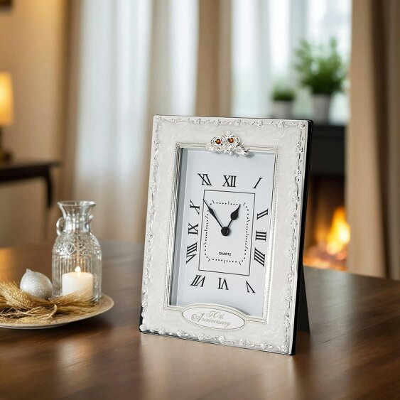 Happy Homewares 50th Anniversary Clock with Silver Plated Roses and Gold Diamantes