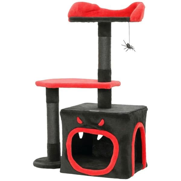 Black gothic cat tower with red-trim coffin hideout, stacked scratching posts, spider toy