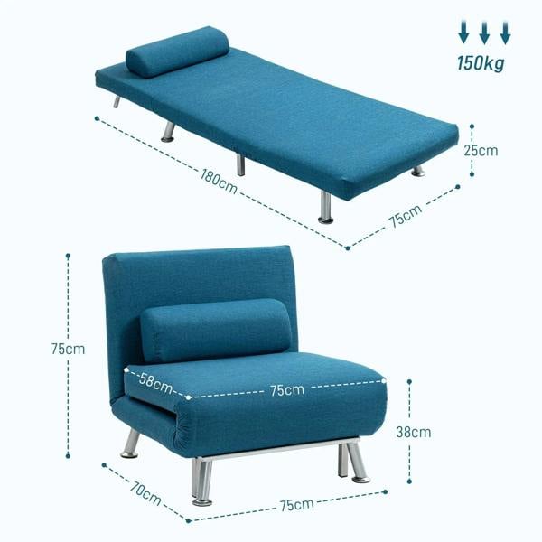 Blue sleeper chair with reclining chaise-style seat and upright backrest, metal legs