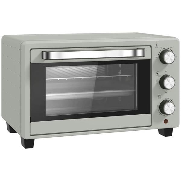 Silver mini countertop oven with glass door and three control knobs