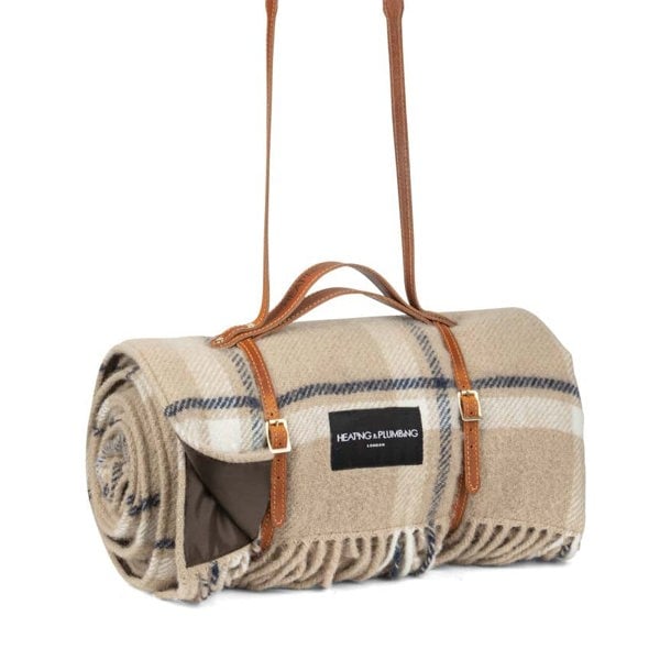 Wool Picnic Blanket Checkmate with Long Tan Leather Strap