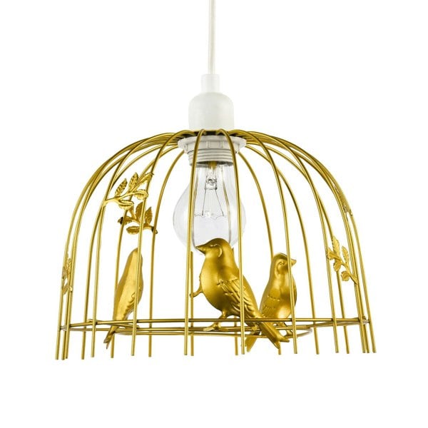 Chic Birdcage Pendant Shade in Satin Gold Metal with Birds and Leaves Image 1