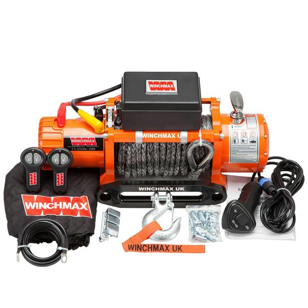 Winchmax 13,500lb (6,123kg) 24V Winch 28m x 11mm Dyneema Rope, Remotes