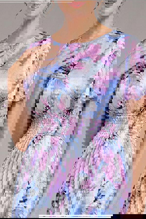 Flutter Sleeve Pleated Skirt Floral Midi Dress - Blue DR4565M