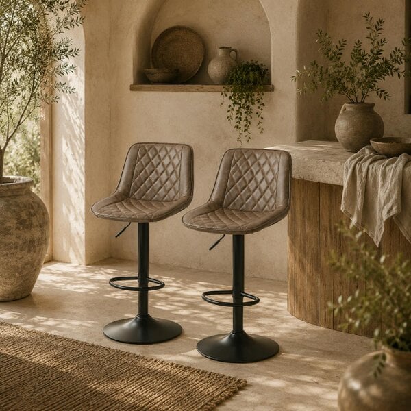 Wyld Haus Tadilu Faux Leather Brown Adjustable Retro Bar Stools Set Of 2 With Swivel Seats