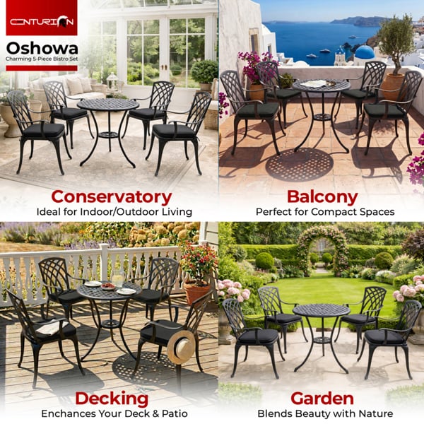 Centurion Supports OSHOWA Garden and Patio Table and 4 Large Chairs with Armrests Cast Aluminium Bistro Set - Black Cushions