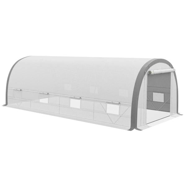 White polytunnel greenhouse with mesh side panels and front mesh door with window