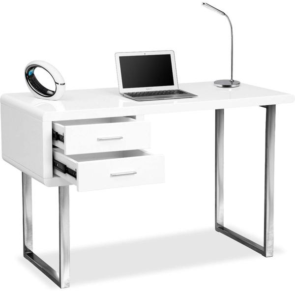 Homeology Harmonia Gloss White with Chrome legs 2-Drawer Contemporary Home Office Luxury Computer Desk