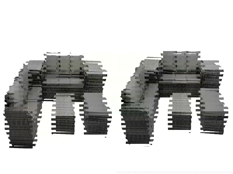 Fimous Wicker PE Rattan Garden Outdoor Furniture Set Love Sofa Square Coffee Table Set with Big Stool 2 Side Tables Dark Grey Mixed