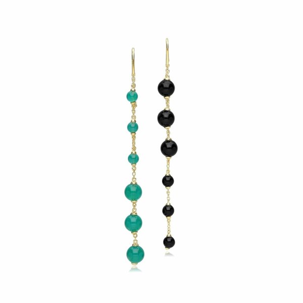 270E033903925 ECFEW™ Unifier Dyed Green Chalcedony & Onyx Mismatched Dangle Drop Earrings In Sterling Silver 1