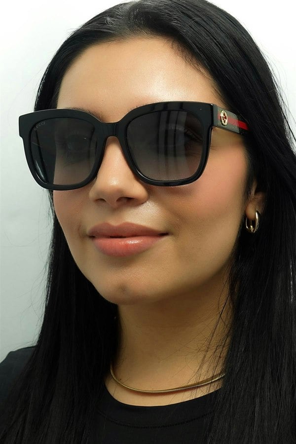 Gucci Sunglasses GG0034SN 002 Black With Green and Red Glitter Grey Gradient