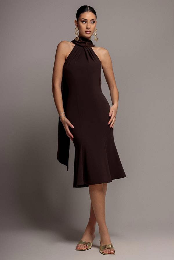 Scuba & Velvet Satin Halterneck Midi Dress With Back Sash - Brown DR5022