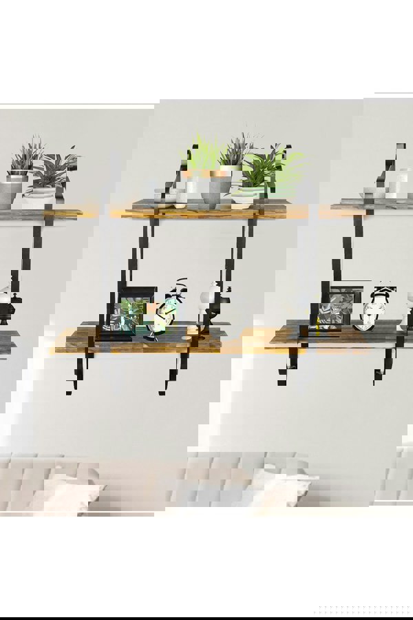 Living and Home 2 Tiers Wall Mounted Industrial Style Classic Metal Wire Tidy Wooden Decor Floating Shelf Display Rack Organizer