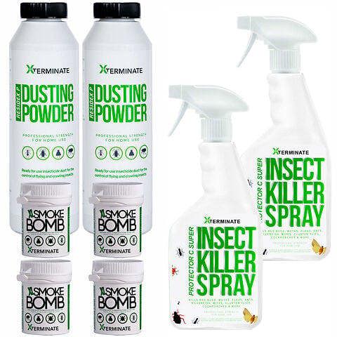 Xterminate Insect Killer Treatment Kit 2 To 3 Room, Insect killer spray 2 x 1L, 4x Fumers, 2 x Dusting Powder 400g