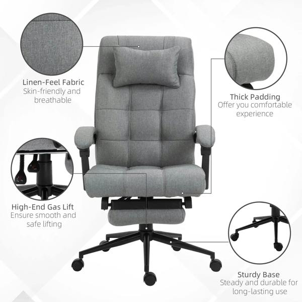 Light grey upholstered office chair with padded lumbar, thick armrests, and headrest