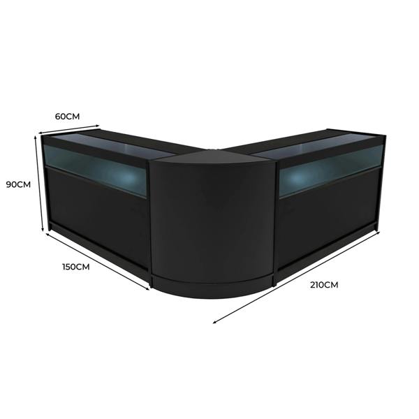 Black Iris LED shop counter set featuring a sleek, modern design with two display sections, measuring 210cm wide and 90cm tall