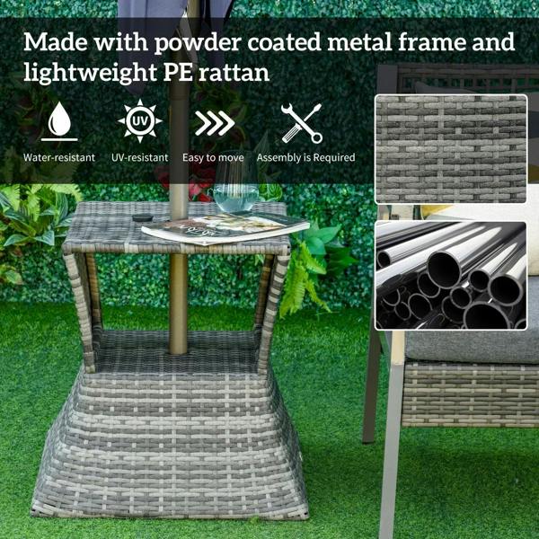 Grey wicker rattan coffee table with umbrella hole, open storage, and metal frame