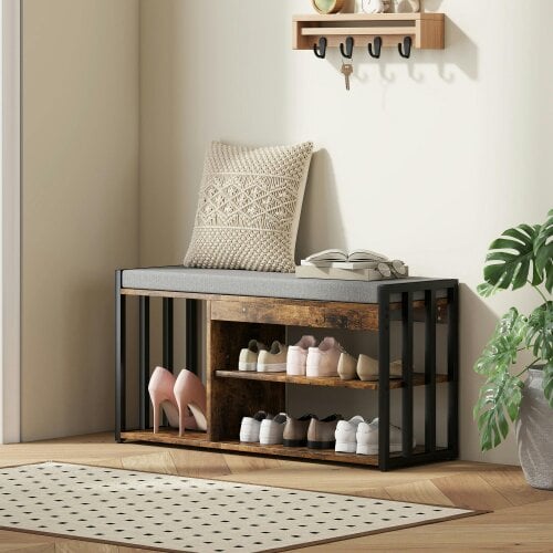 Wyld Haus Soli Wooden Rustic Brown Upholstered Shoe Bench With 3 Shelf and Grey Padded Seat