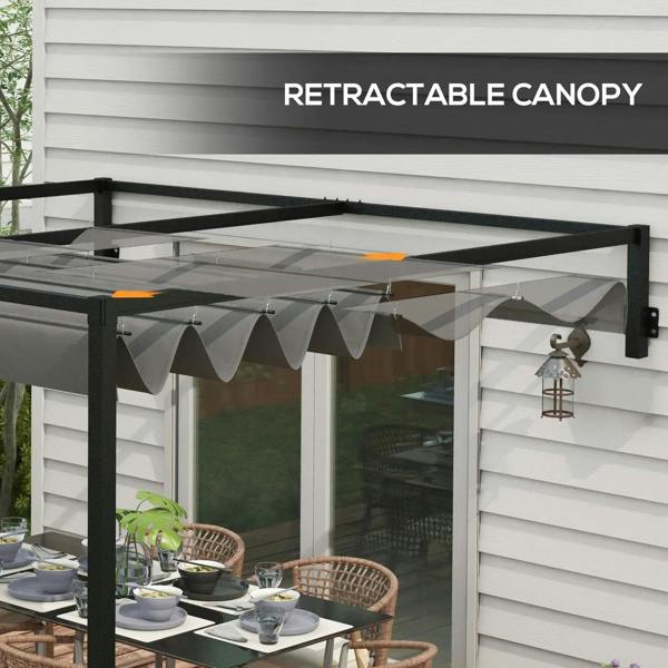 Dark grey pergola with retractable canopy fabric pulled over patio seating