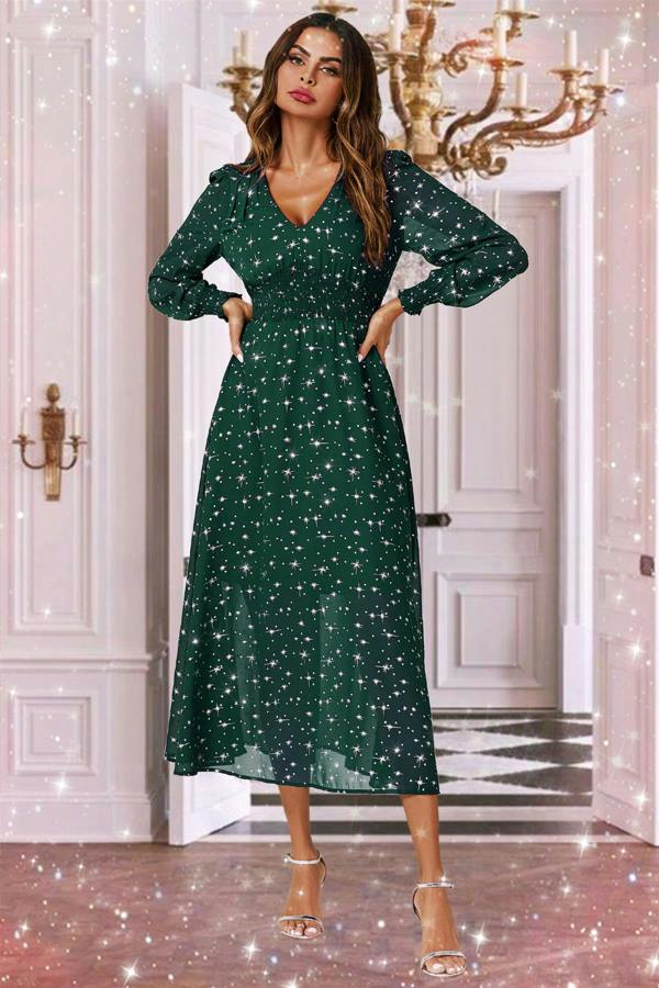 FS Collection Silver Star Foil Long Sleeve Maxi Dress In Green