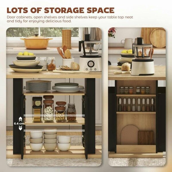 Kitchen Island with Spice Rack, Kitchen Storage with Large Tabletop for 4 People, Adjustable Shelves Black & Natural