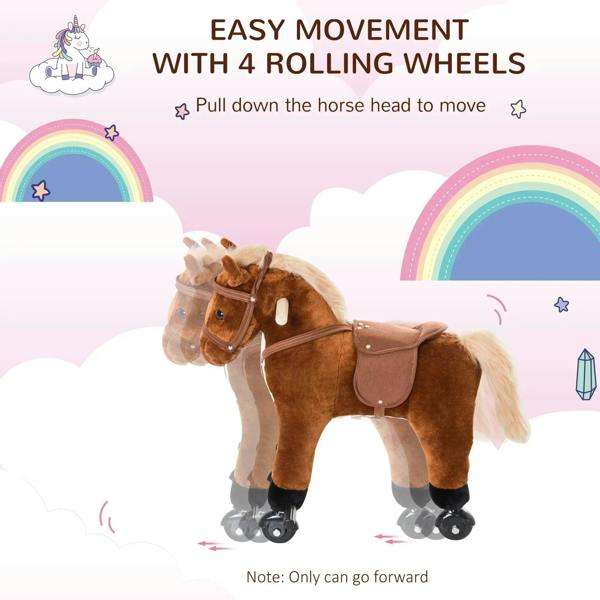 Brown plush ride-on horse toy with bridle, saddle, and four rolling wheels
