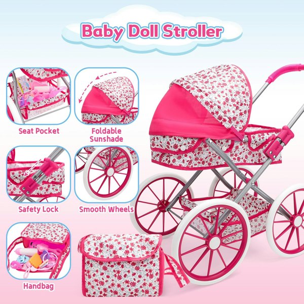 deAO Toys Deluxe Baby Doll Pram Playset – 18PCS Role-Play Set with Stroller, Feeding Chair, Accessories & Realistic Doll for Kids 3+