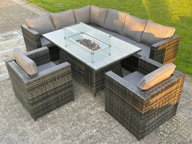 Fimous Outdoor Rattan Garden Set Corner Furniture Gas Fire Pit Dining Table Sets Gas Heater Lounge Chairs Dark Grey 8 Seater