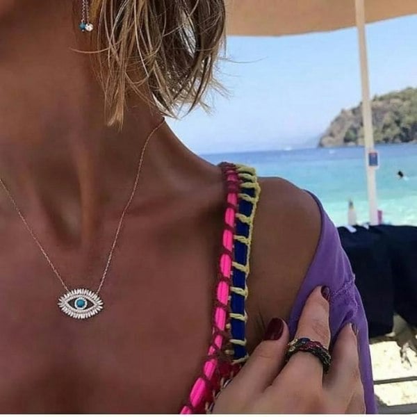 The Colourful Aura Large Turkish Evil Eye Crystal Zirconia Turquoise Eyelashes Pendant Necklace