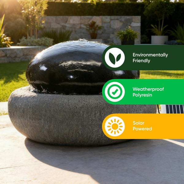 Gardenwize Solar Water Feature – Black Pebble Fountain with LED Lights & Battery Backup