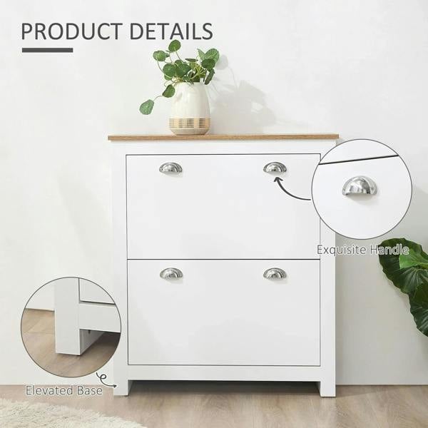 White shoe cabinet detail: two drawers with silver handles and elevated base