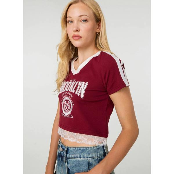 Pink Vanilla Brooklyn V-Neck Lace Hem T-Shirt