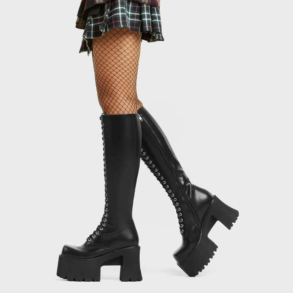 Lamoda On Ropes BlackPU Chunky Platform Knee High Boots Stylish Trendy