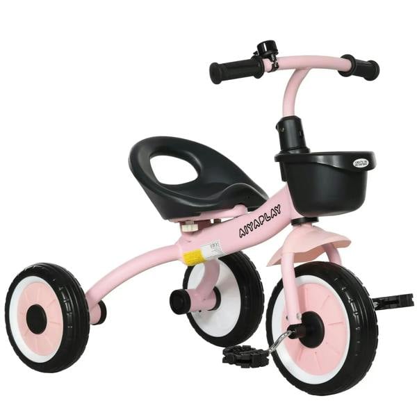 Pink kids tricycle with black seat, front basket, and three wheels